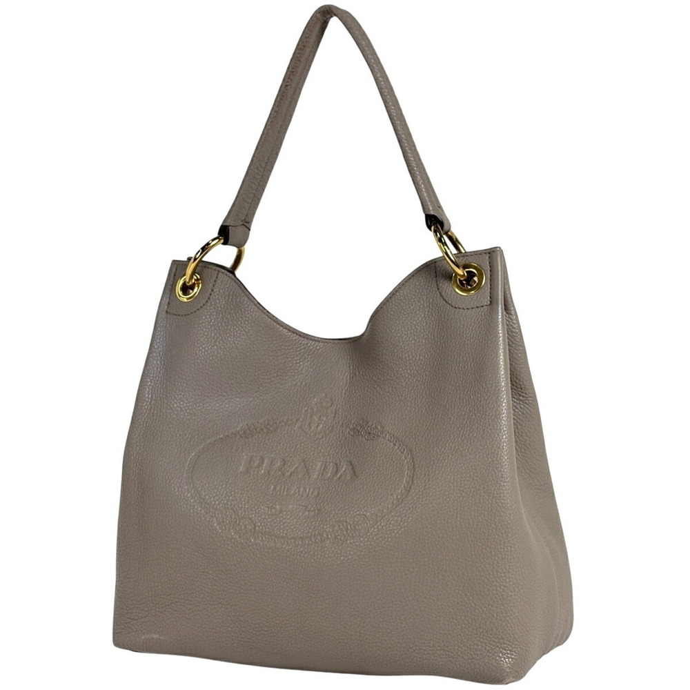 Prada Logo Shoulder Bag Hobo Leather Greige Gray